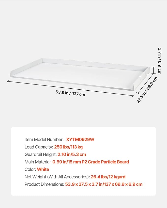 VEVOR Washer Dryer Countertop with 3 Splicing Panels, 54" x 27" Wooden Washer and Dryer Countertop with 2 Hooks, Water-Resistant Laundry Topper for Laundry Room Organization and Storage, White