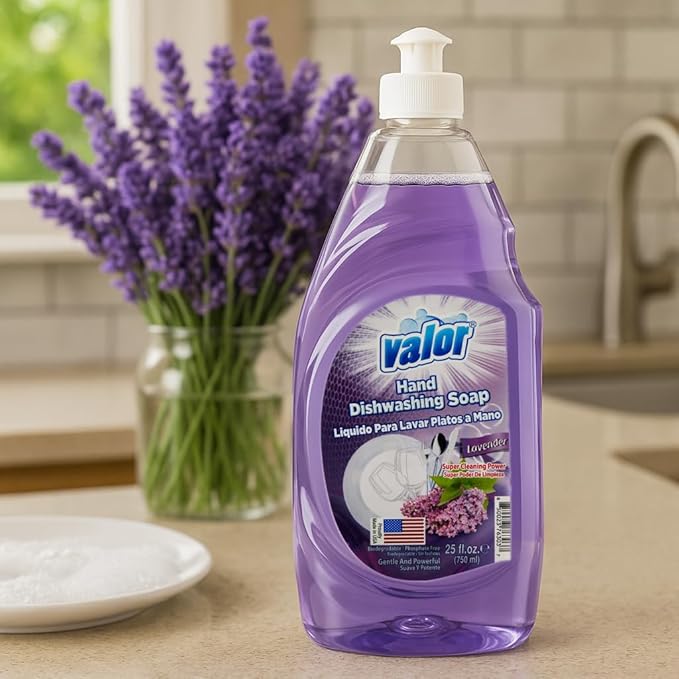 Valor Dishwashing Liquid, 25 fl oz – Dish Soap for Kitchen & Bathroom, Grease-Fighting, Gentle on Hands, Fast Rinse, Eco-Friendly Biodegradable Formula (25.5 oz (Pack of 3), Lavender)