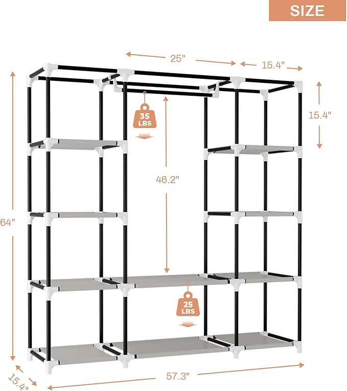 VTRIN Portable Closet Wardrobe for Hanging Clothes 57.3 Inch Large Capacity Clothes Rack with Cover, 10 Storage Organizer Shelves, 1 Hanging Rods and 6 Pockets, Free Standing Closet, Printing