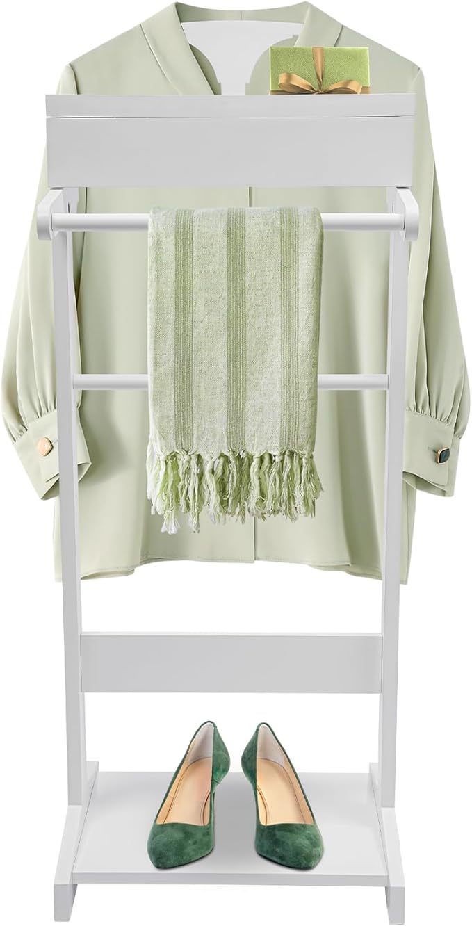 TFCFL Wooden Suit Rack with Drawer & Trouser Holder, Multi-functional Coat Stand for Hats/Scarves/Belts, Space-Saving Standing Suit Valet Stand for Home/Office, 22lbs Load Capacity (White)