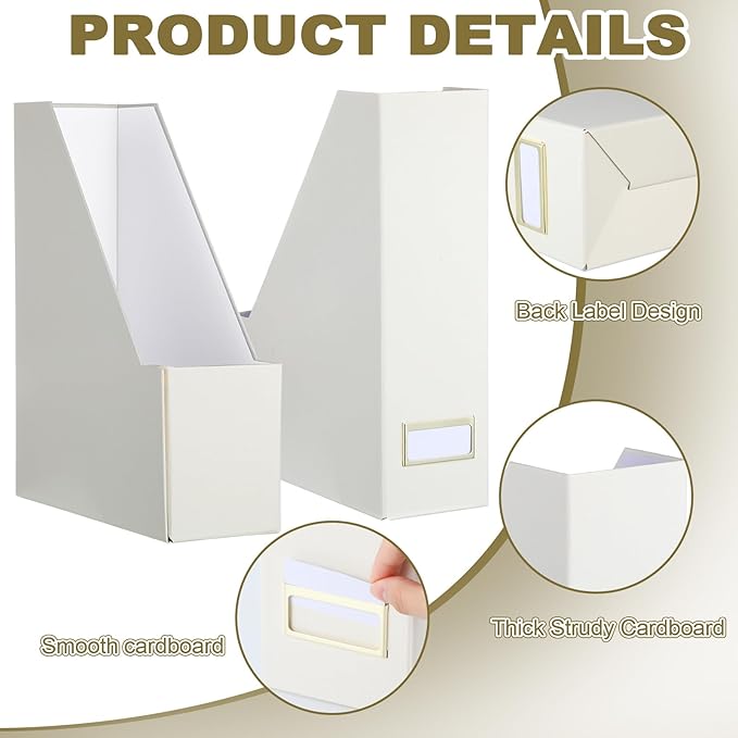 Gueevin Set of 6 Magazine File Holder Stylish Sturdy Cardboard File Boxes Desk Magazine Organizer Rack with Gold Label Holder to Organize Your Desk or Shelves for Home Classroom Office Library(Beige)