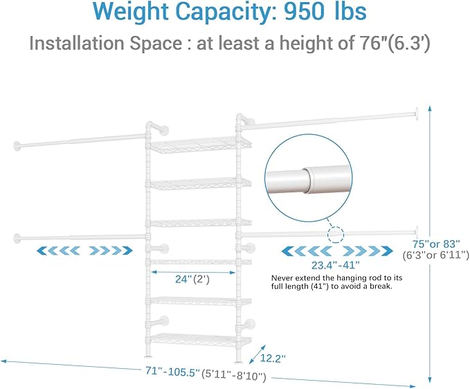 Timate S3X Expandable Wall Mounted Clothes Rack with 6 Adjustable Shelves & 4 Expandable Hanger Rods, Heavy Duty Industrial Pipe Clothing Rack for Hanging Clothes, Fits Spaces 5'11"- 8'10", White