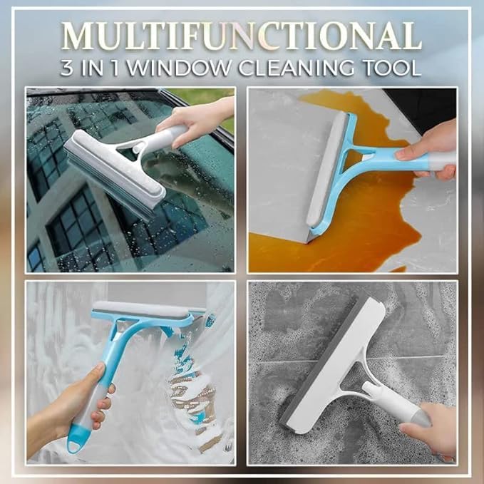 3 in 1 Window Cleaning Tool for Car Indoor Outdoor High Windows, Spray Window Squeegee Cleaner Tool with Spray Bottle,Window Wiper Silicone Cleaner Brush Scraper,for Car, Home, Kitchen (White)