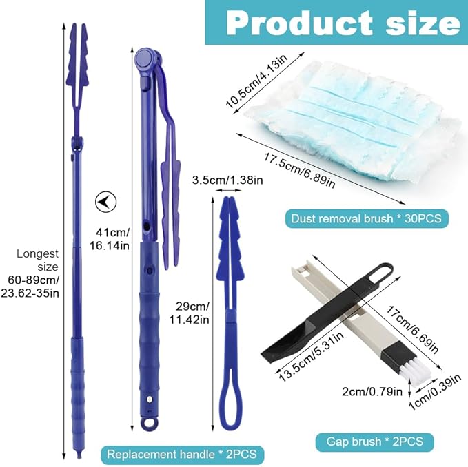 30 Count Heavy Duty Duster Refills with 2 Pcs Handles and Crevice Brushes Starter Kit, Microfibers Multisurface Dusters for Cleaning Home, Celling Fan, Blinds, Vent & Shelves(Blue)
