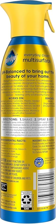 Pledge pH-Balanced Multisurface Spray, Gently Clean 101 Surfaces, Remove Dust and Messes, No Residue - Rainshower Scent, 9.7oz, Pack of 6