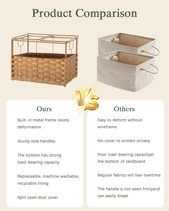Storage Basket with Lid Woven Wicker Baskets with 2 Separate Lid, 9.2 Gallon (35 L) Wicker Storage Bins with Handles, Foldable and 2 Removable Liner Bags for Bedroom, Laundry Room Natural