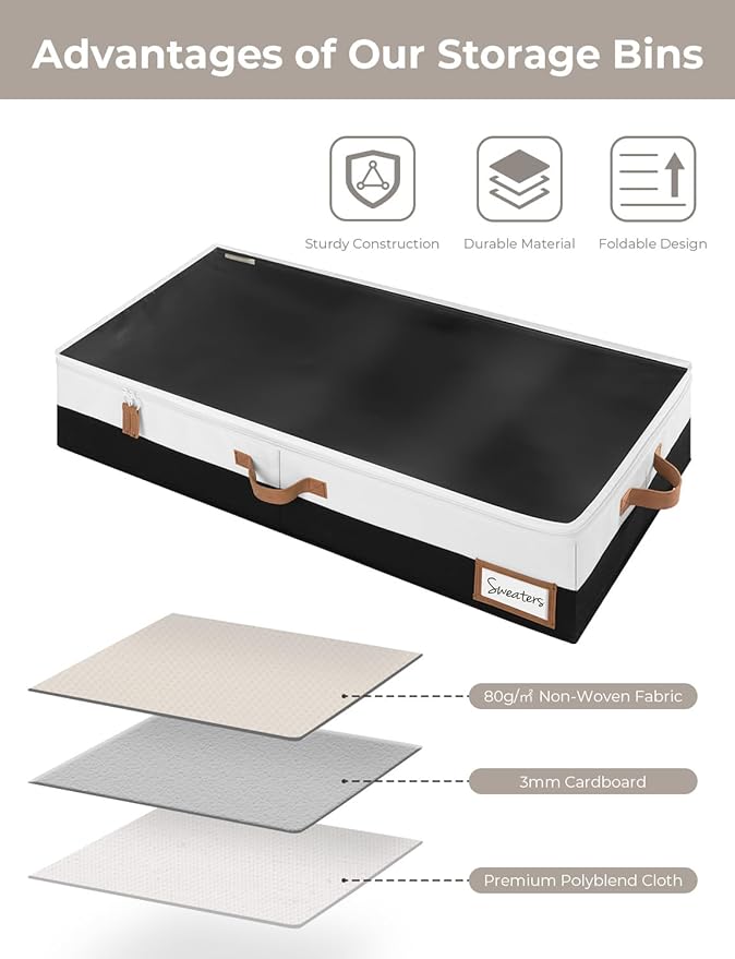 StorageWorks Large Under Bed Storage Containers with Handles and Label Holder, 2 Pack Ultra-thick Fabric Underbed Bins, Closet Organizer for Clothes, Blankets, Sweater