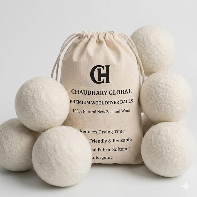 Wool Dryer Balls XL 6-Pack – 100% Organic New Zealand Wool, Reusable Natural Fabric Softener, Reduce Drying Time, Eco Friendly Laundry Balls, Chemical Free, for Sensitive Skin Chaudhary Global