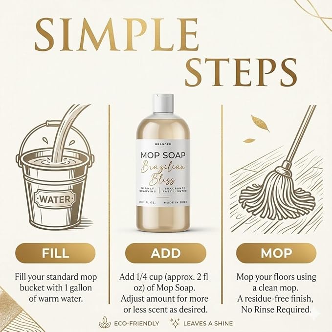 Mop Soap Highly Scented Luxury Floor Cleaner Concentrate - Brazilian Bliss Long Lasting Fragrance, No Rinse Formula for Hardwood, Tile, Laminate & Stone, 32 oz, Made in USA