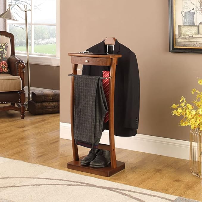 Proman Products Kingsman Suit Valet Stand VL37074 with Drawer, Top Tray, Contour Hanger, Trouser Bar, Tie & Belt Hooks and Shoe Rack, 15.5" W x 12" D x 44.5" H, Walnut