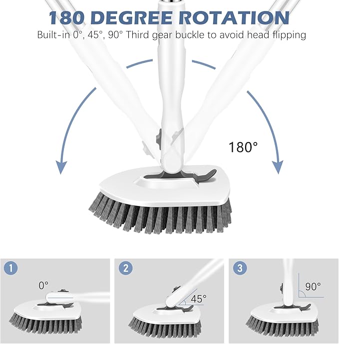 SetSail Floor Scrub Brush, 3-in-1 Tile Tub Floor Scrubber with 52-inch Adjustable Long Handle Shower Cleaner Brush and 3 Detachable Replacement Brush Heads for Cleaning Bathroom Tub Tile, White Grey