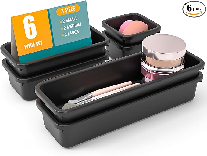 6 PCS Drawer Organizer Set, 3 Size Makeup Drawer Divider Organizer With Non-Slip Pads, Interlocking Plastic Storage Bins for Office,Jewelry Vanity,Gadgets, Bathroom,Kitchen, Black