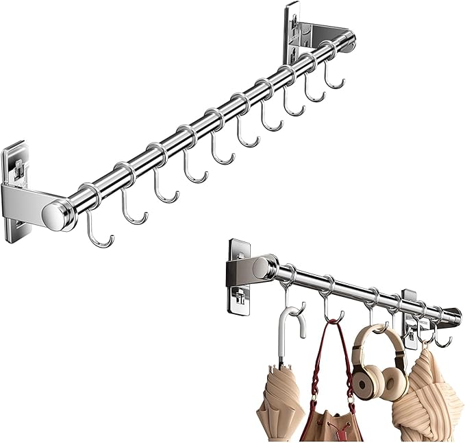 Hanging Wall Mount knife Wall Mount, Kitchen Organizer Storage Shelf for Utensils Spatula Spoon, Space-Saving Knife Rack with Hooks,Wall-Mounted Utensil Holder (Silver, 60CM+Single Pole+10Hooks)