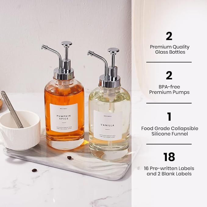 Molimoli Coffee Syrup Dispenser for Coffee Bar, Pump Dispenser, Glass Syrup Bottle w. Upgraded Pump, 16.9 oz 500 ml, Set of 2, Silver