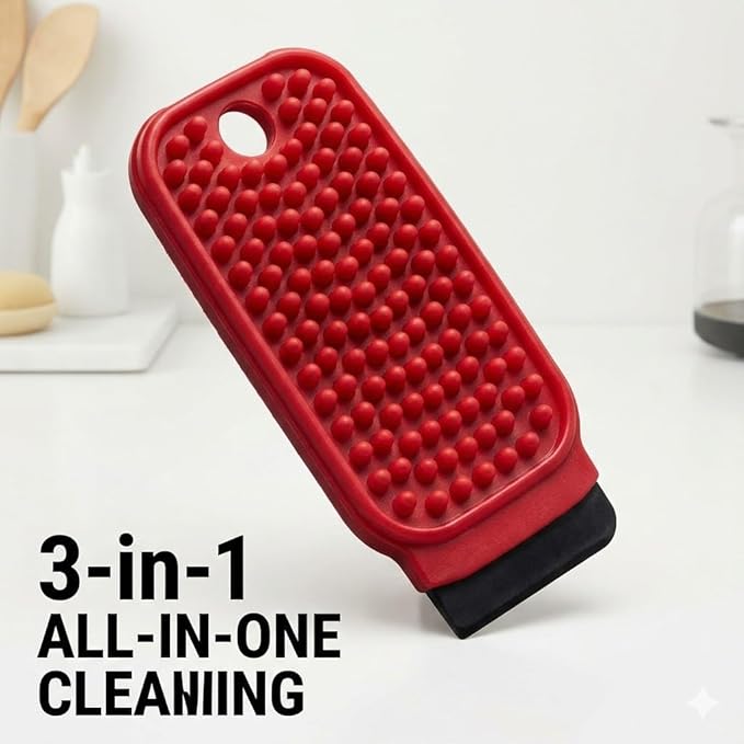 3-in-1 Silicone Dish Sponge - BPA-Free Food-Grade Cleaning Brush with Dual-Sided Scrubber & Scraper, Hanging Hole Fast-Dry Reusable for Dishes/Fruits/Vegetables (Red 1PCS)