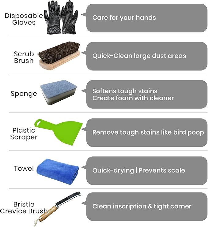 Headstone Cleaner Kit for Grave Cleaning, Cemetery Granite Gravestone Cleaner Tools, Tombstone Grave Cleaning Kit with Wooden Brush, Bristle Crevice Brush, Towel, Sponge, Scraper, Gloves