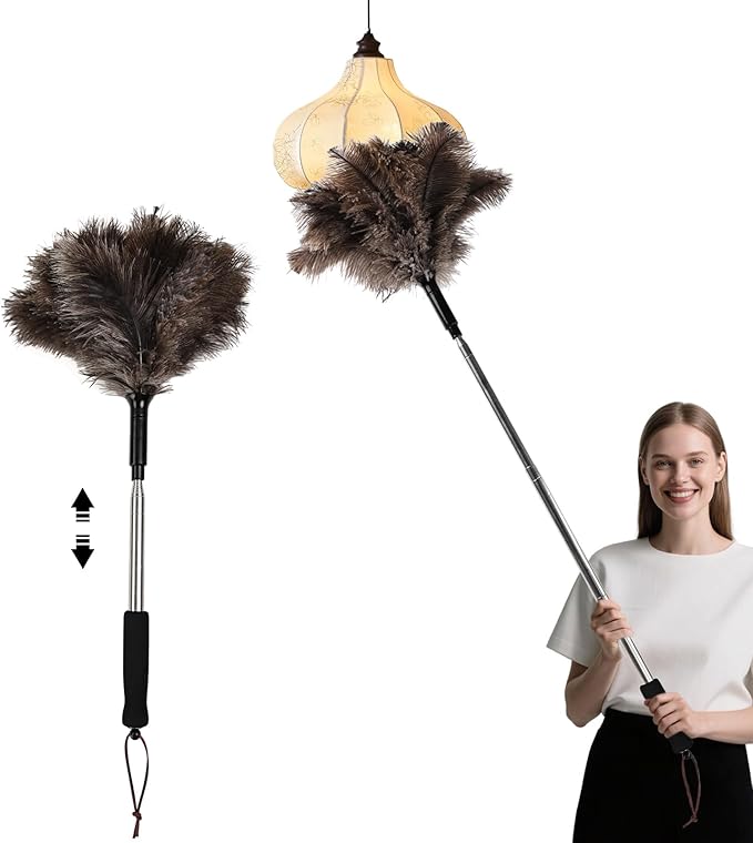 Telescopic Ostrich Feather Duster, 59-inch Naturally Fluffy Long-Handled Feather Duster, Soft, Durable and Reusable for Cleaning high Ceilings, Walls, Fans, Furniture and Blinds in The Home Office