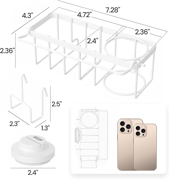 TAILI 4-in-1 Sponge Holder for Kitchen Sink with Strong Suction Cup Removable, Rustproof Stainless Steel Sink Caddy for Sponge, Brush, Scrubber, Scraper -White