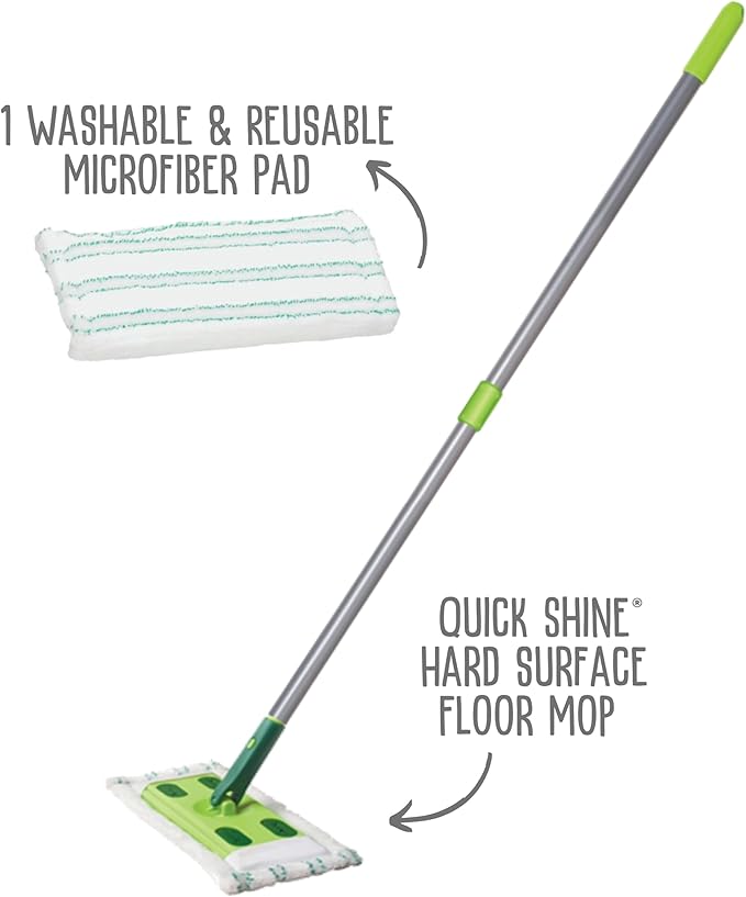 Quick Shine Sustainable Hard Surface Floor Clean + Polish Mop Kit w/ 1 Reusable Pad | Hardwood, Luxury Vinyl Plank, Tile & Laminate | Use Wet + Dry | Perfect to Apply Finish | Squirt, Spread, Done