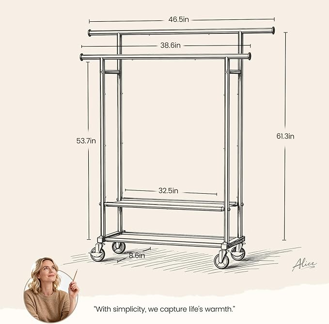 Clothes Rack, Double Rods Rolling Clothing Rack for Hanging Clothes Closet Rack with Wheels, Metal Portable Garment Rack with Double Shelves for Bedroom Laundry Living Room, Black