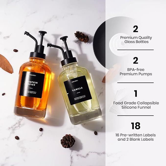 Molimoli Coffee Syrup Dispenser for Coffee Bar, Pump Dispenser, Glass Syrup Bottle w. Upgraded Pump, 16.9 oz 500 ml, Set of 2, Black