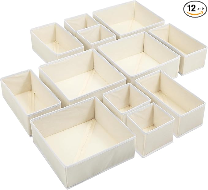 12 Pack Linen Drawer Organizer Set – Collapsible Fabric Storage Bins for Baby Clothes, Diapers, Socks, Bras & More (Beige, 3 Sizes)