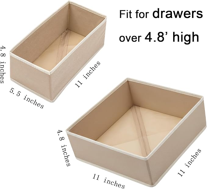 Bructhun Drawer Organizer Set of 4 Khaki - Fabric Storage Bins for Clothes, Underwear, Socks & Bras - 11" Dresser Dividers for Bedroom Closet