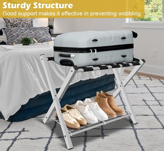 mocomax 2 Pack Folding Luggage Rack for Guest Room, Foldable Suitcase Stand Holder with Metal Storage Shelf for Bedroom, Living Room, Hotel Essentials, Heavy Duty Steel Frame, White