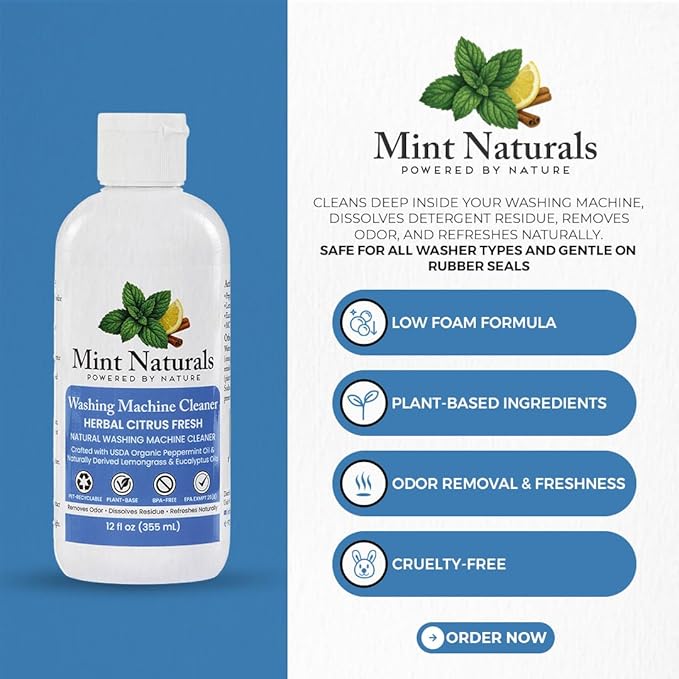 Natural Washing Machine Cleaner Liquid – Formula That Helps Remove Odor & Residue in Front & Top Load Washers, 12 oz – Made in USA