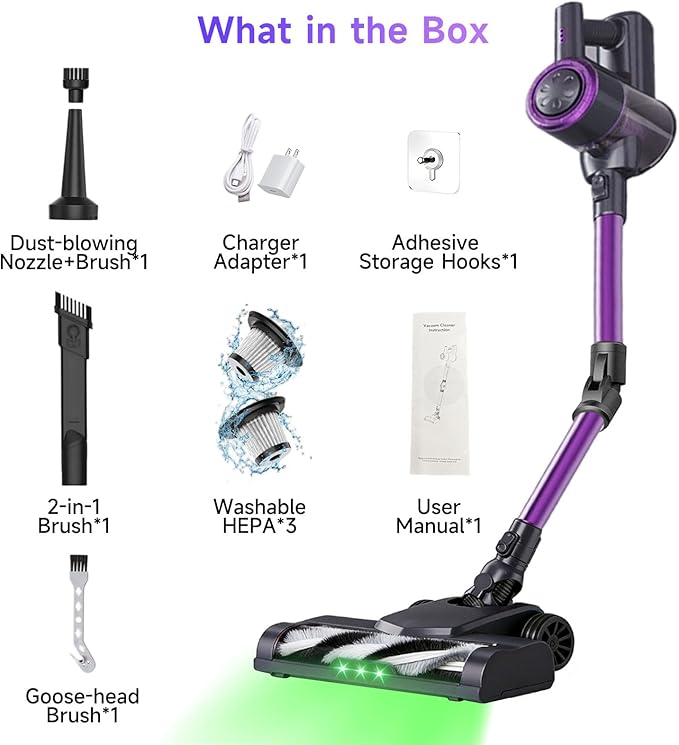 LAQVITA Cordless Vacuum Cleaner, Vacuum Cleaners for Home with 180° Bendable Wand | Green LED Light, Self-Standing, 1.5L Dust Cup, Washable HEPA Filter| Lightweight Stick Vacuum for Hardwood Floors