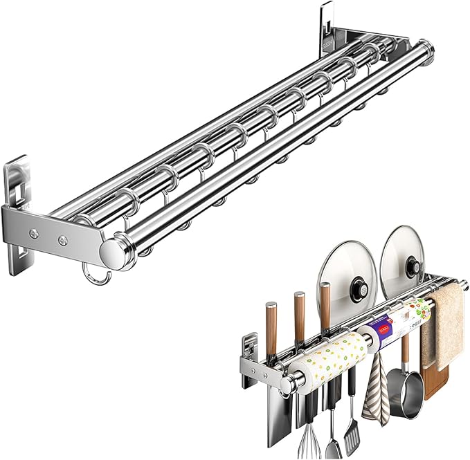 Hanging Wall Mount knife Wall Mount, Kitchen Organizer Storage Shelf for Utensils Spatula Spoon, Space-Saving Knife Rack with Hooks,Wall-Mounted Utensil Holder (Silver, 60CM+Three Poles+10Hooks)