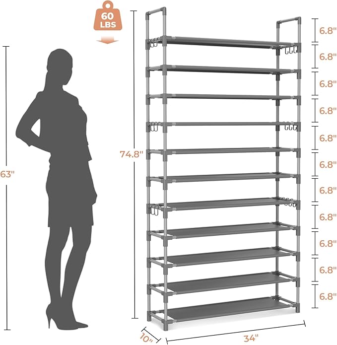 LANTEFUL 11 Tiers Tall Shoe Rack Holds 55 Pairs of Shoes with 18pcs Hooks Sturdy Wide Shoe Organizer Storage Free Standing Metal Shoe Shelf for Closet, Entryway Grey