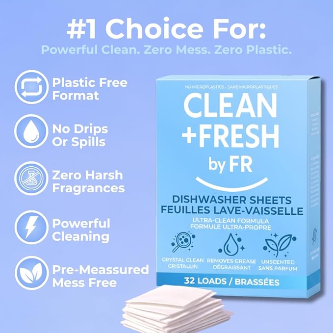 Clean And Fresh Dishwasher Detergent Sheets – 32 Loads – Plastic-Free Dishwasher Soap – Ultra-Concentrated, Quick-Dissolve, Unscented – Powerful Grease Cleaning – HE & Septic Safe, Zero Residue