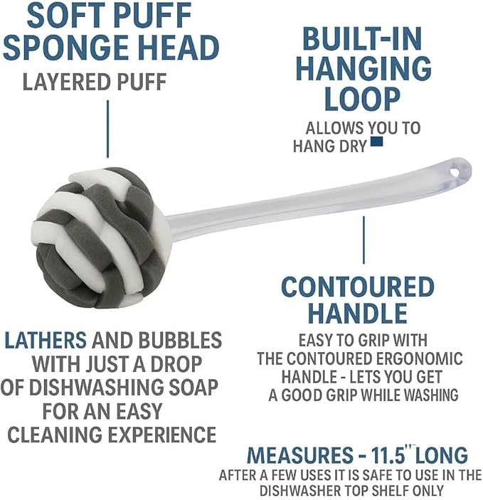 Glass Sponge Dish Brush with Handle – 11.5" Puff Head Kitchen Cleaning Brush for Glasses, Bottles, Dishes & Vases – Soft Layered Sponge with Ergonomic Clear Handle