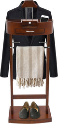 Suit Valet Stand Wood Valet Stand for Man, Wooden Clothing Valet Stand with Contour Hanger, Tray, Trouser Bar, Tie Bar and Base, Mens Valet Stand for Entryway Office Living Room (Brown)