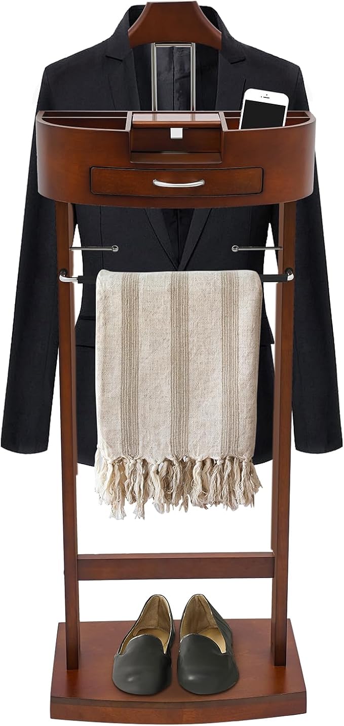 Suit Valet Stand Wood Valet Stand for Man, Wooden Clothing Valet Stand with Contour Hanger, Tray, Trouser Bar, Tie Bar and Base, Mens Valet Stand for Entryway Office Living Room (Brown)