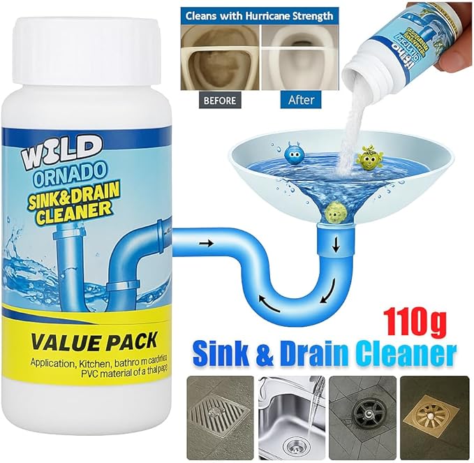 Wild Tornado Sink and Drain Cleaner Powder – Powerful Foaming Drain Cleaner for Kitchen, Bathroom, Toilet & Pipes – Fast-Acting Clog Remover, Deodorizes & Deep Cleans Drains (1)