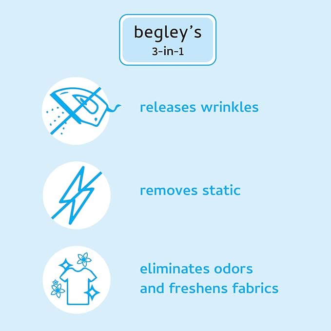 Begley's 3-in-1 Wrinkle Remover, Quick Fix Wrinkle Release, Static Cling Remover, Odor Eliminator and Fabric Refresher Spray - USDA Certified Biobased - Fragrance-Free, 16 oz, 2 Pack