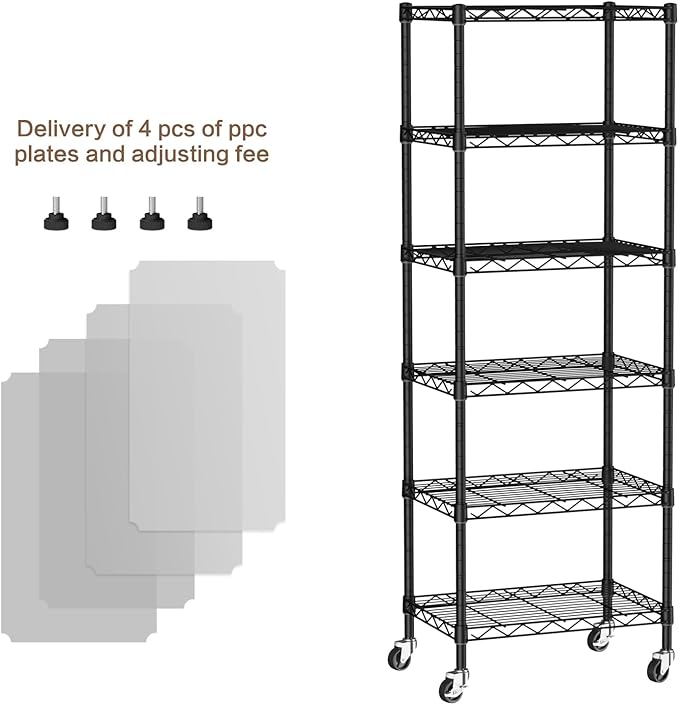 Golpart Small 6 Tier Shelves Storage Wire Shelving Unit Metal Shelf Adjustable Organizers Storage Shelving with Wheels for Bathroom Laundry Room Kitchen Pantry12”D x 18”W x 61.6”H Black