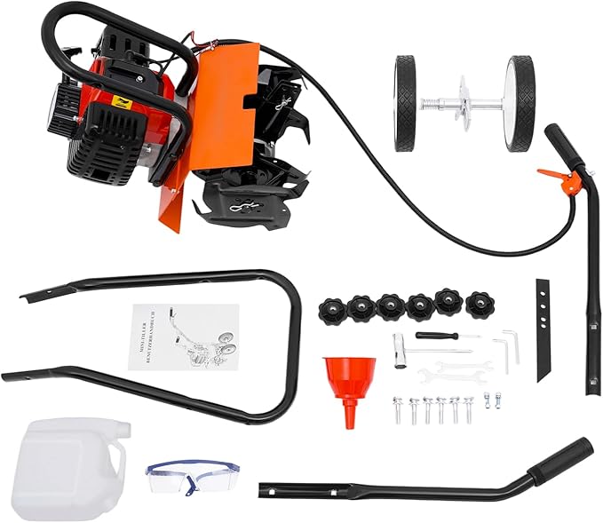 Rototiller Gas Powered, 43CC 2-Cycle Garden Tiller, Mini Tiller for Gardening with 4 Steel Adjustable Front Tines for Lawn, Garden and Field Soil Cultivation, Furrowing