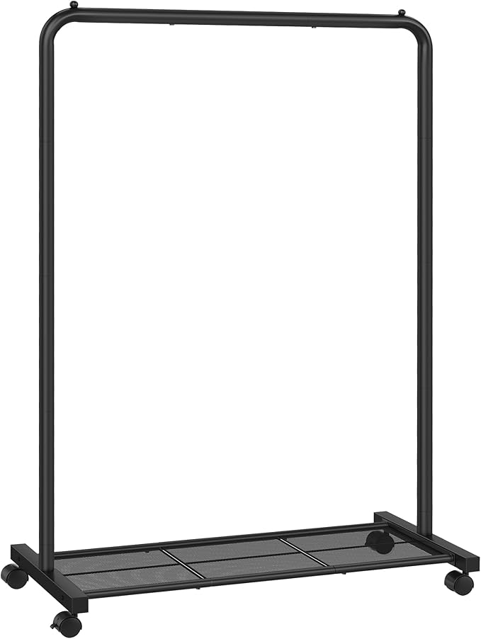 SONGMICS Clothes Rack with Wheels, Clothing Rack for Hanging Clothes, 25.4 mm Metal Garment Rack with Dense Mesh Storage Shelf, 110 lb Load Capacity, 2 Brakes, Black UHSR25BK