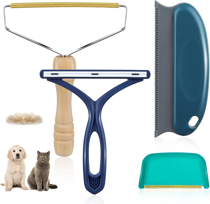 Pet Hair Remover - 4 Pack Dog Cat Hair Remover for Couch Furnitures, Reusable Lint Remover Shaver Portable Carpet Rake Scraper Brush for Blanket,Clothing, Pet Towers, Car Upholstery Blue