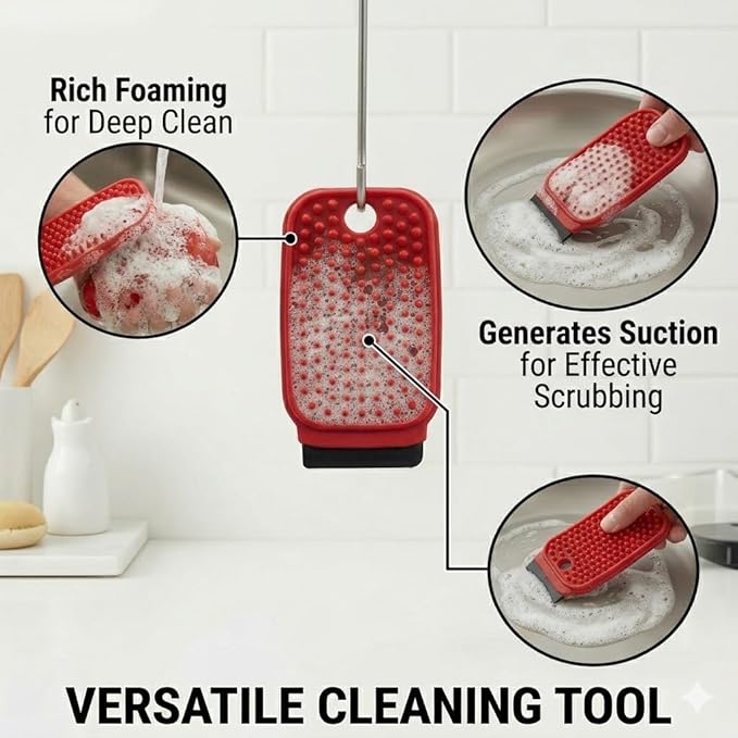 3-in-1 Silicone Dish Sponge - BPA-Free Food-Grade Cleaning Brush with Dual-Sided Scrubber & Scraper, Hanging Hole Fast-Dry Reusable for Dishes/Fruits/Vegetables (Red 1PCS)