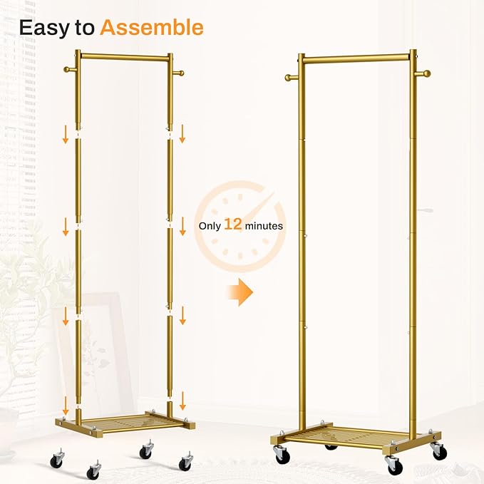 MISSLO Small Clothes Racks for Hanging Clothes Clothing Rack with Wheels 60" Garment Rack with Shelves Portable Rolling Wardrobe Rack for Small Space (Gold)