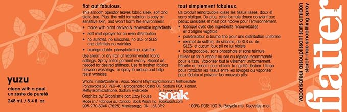 Flatter Smoothing Spray by Soak | Naturally-derived Wrinkle Release Spray | Starch-Free Alternative for Ironing, Quilting & Sewing | 8oz | (Yuzu)