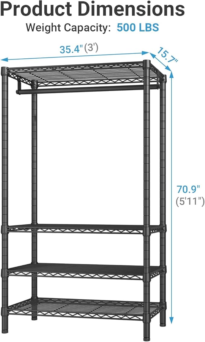 VIPEK V1 Wire Garment Rack 4 Tiers Heavy Duty Clothes Racks for Hanging Clothes Large Clothing Rack Freestanding Closet with Hanging Rod, 35.4'' L X 15.7'' W X 70.9'' H, Max Load 500LBS, Black