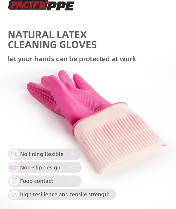 PACIFIC 2 Pairs Reusable Rubber Gloves for Washing Dishes and Cleaning Tasks, Water Resistant Household Gloves for Kitchen Bathroom, Grippy Latex Dish Washing, Pink, Large