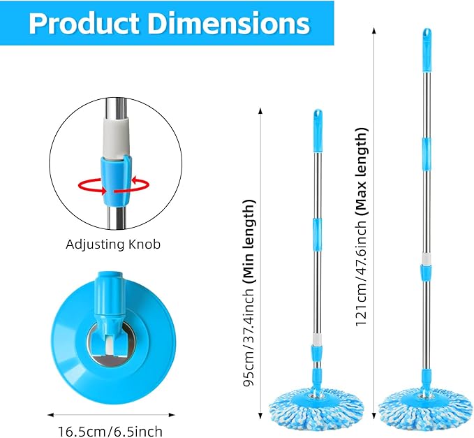 Spin Mop Replacement Handle, 47.6-inch 360 Degrees Rotating Telescopic Replacement Mop Stick with a Robust Stainless Steel Disc for Spin Mop Bucket Cleaning System (Stainless Steel Disc,Blue)