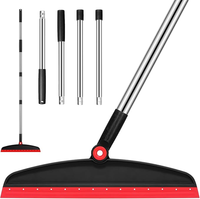Multifunction Silicone Broom, 54 Inch Long Handle Silicone Floor Squeegee Broom, Sweep and Scrape 2 in 1 Household Cleaning Broom for Floor, Bathrooms, Kitchens, Showers, Tile, Pet Hair,Black Red