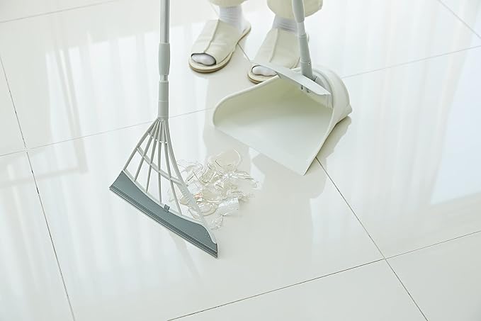 Broombi and Dustpan Set - All-Surface Silicone Broom & Squeegee for Indoor Cleaning - Sweeps Glass, Dust, Removes Pet Hair, Liquids - Smooth Floors, Rugs, Windows - One-Click Smart Dustpan (Grey)